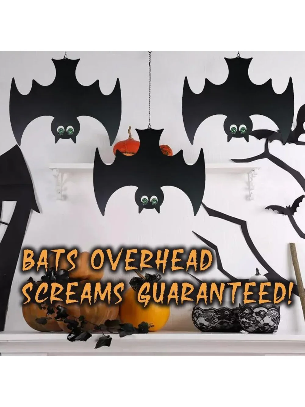 3PCS Metal Bats Hanging Decor Halloween Glowing Eyes Waterproof Patio Balcony